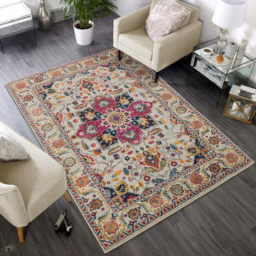 Nova NV24 Persian Traditional Medallion Border Durable Easy-Care Polypropylene Short Pile White/Multicolour Rug-Asiatic Carpets-Rug Love - The Most Loved Rug Store